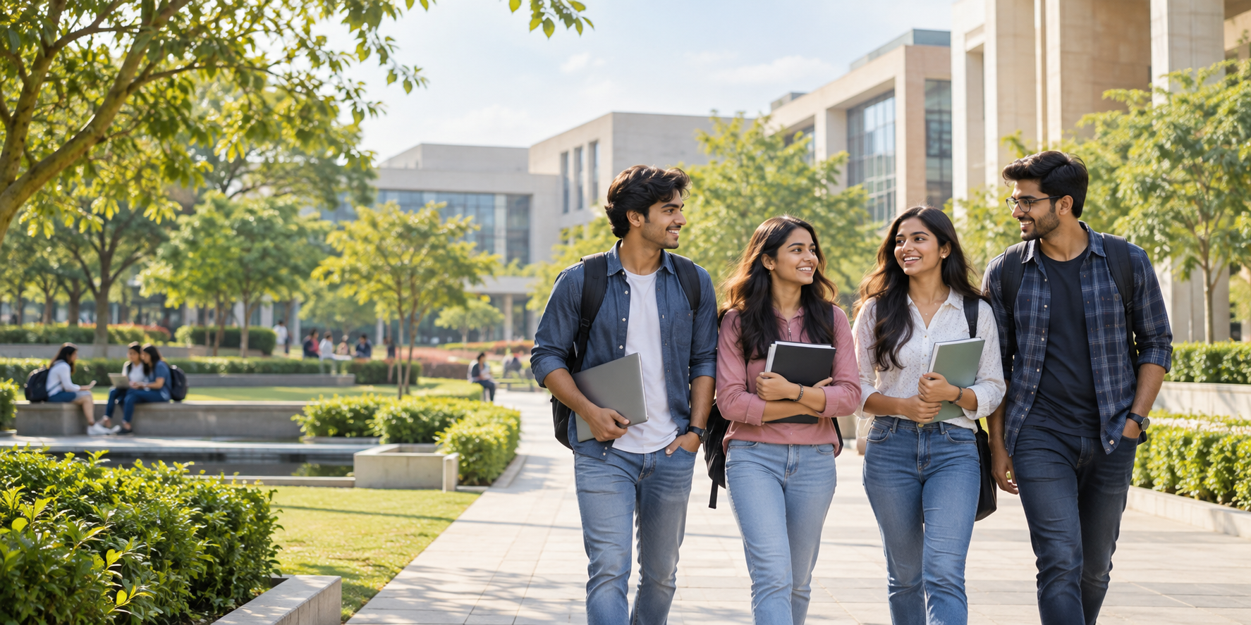 インドの大学キャンパスを楽しそうに歩く学生たち